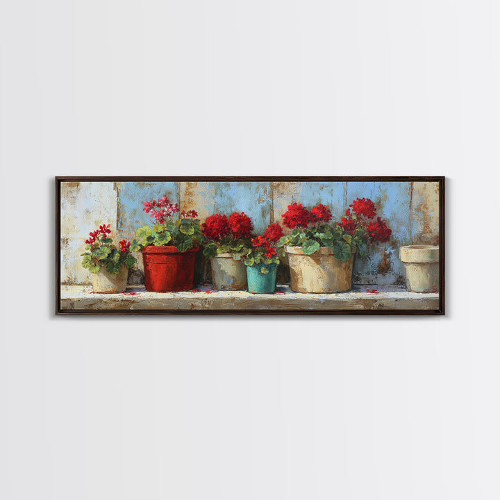 Potted Geraniums in Rustic Clay Pots Canvas Print, Patio Art, Porch Decor, Patio Decor, Fine Art, Outdoor, Fine Art Print, PAT-3x1-6