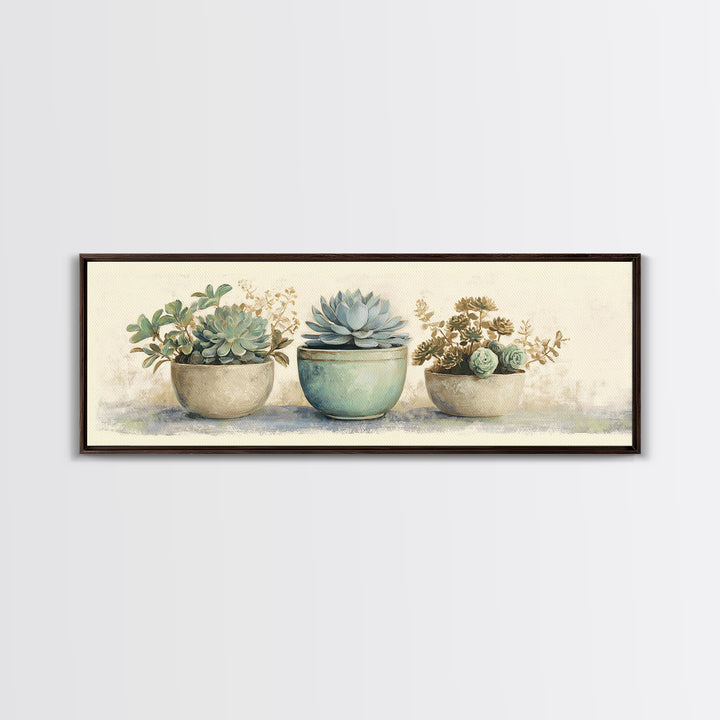 Succulent Collection in Ceramic Planters Canvas Print, Patio Art, Floral Art, Patio Decor, Oil Painting, Outdoor, PAT-3x1-61