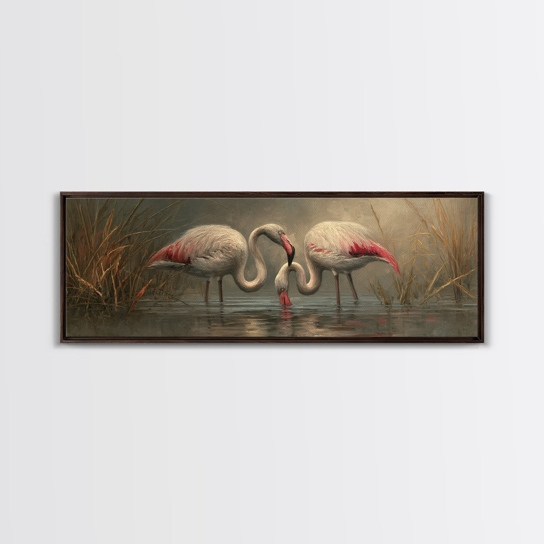 Flamingo Pair Beside Shallow Water Framed Canvas Print, Patio Art, Bar Art, Patio Decor, Oil Painting, Outdoor, Outdoor Art, PAT-3x1-74