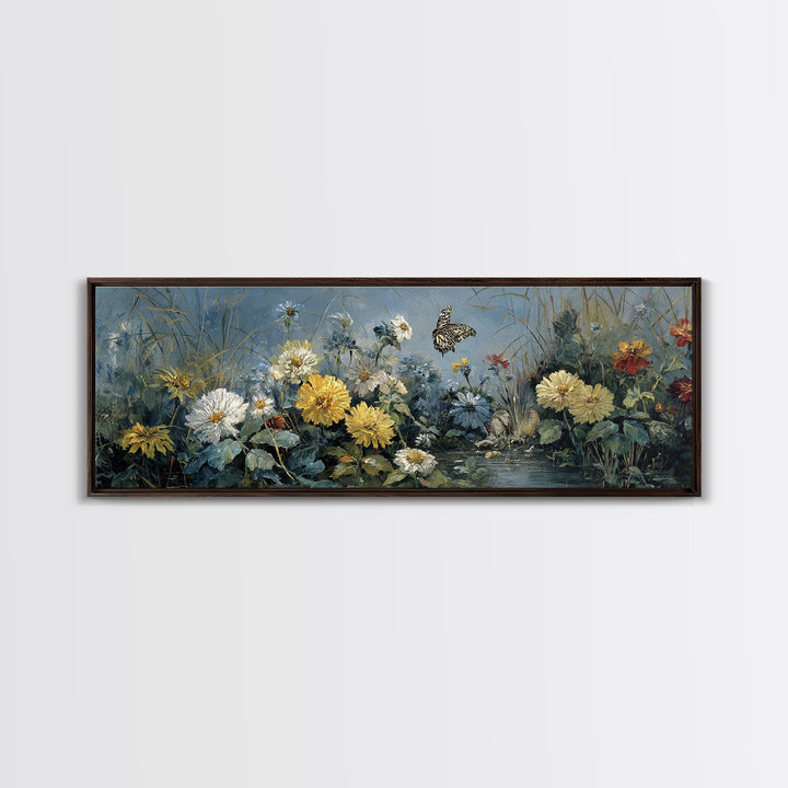 Butterfly Garden with Zinnias and Daisies Framed Canvas Print, Patio Art, Beach House Decor, Patio Decor, Oil Painting, Outdoor, PAT-3x1-77