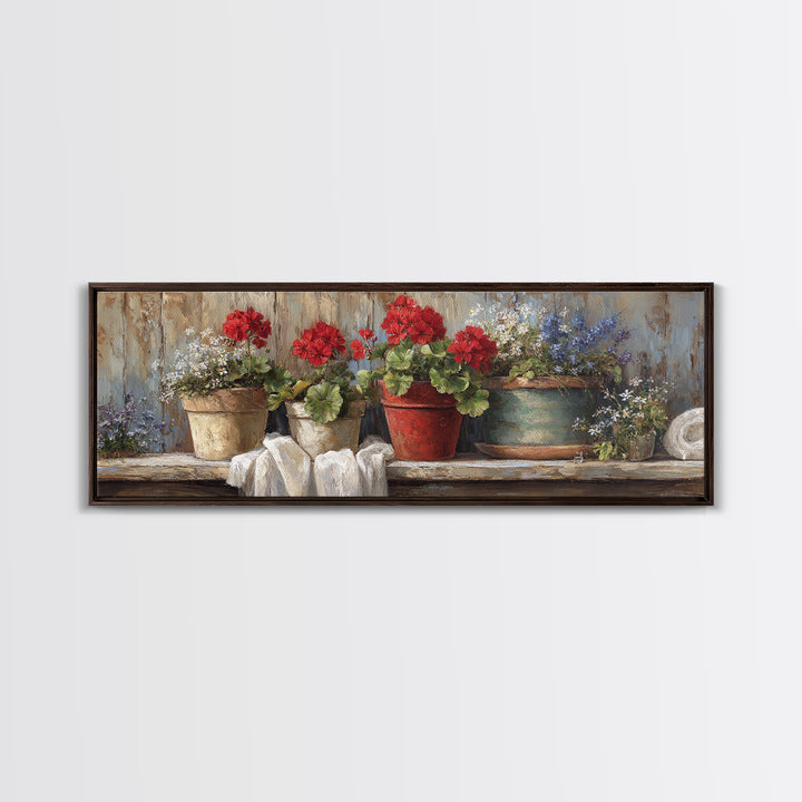 Potted Geraniums in Rustic Clay Pots Canvas Print, Patio Art, Wall Decor, Patio Decor, Fine Art, Outdoor, Coastal Decor, PAT-3x1-78