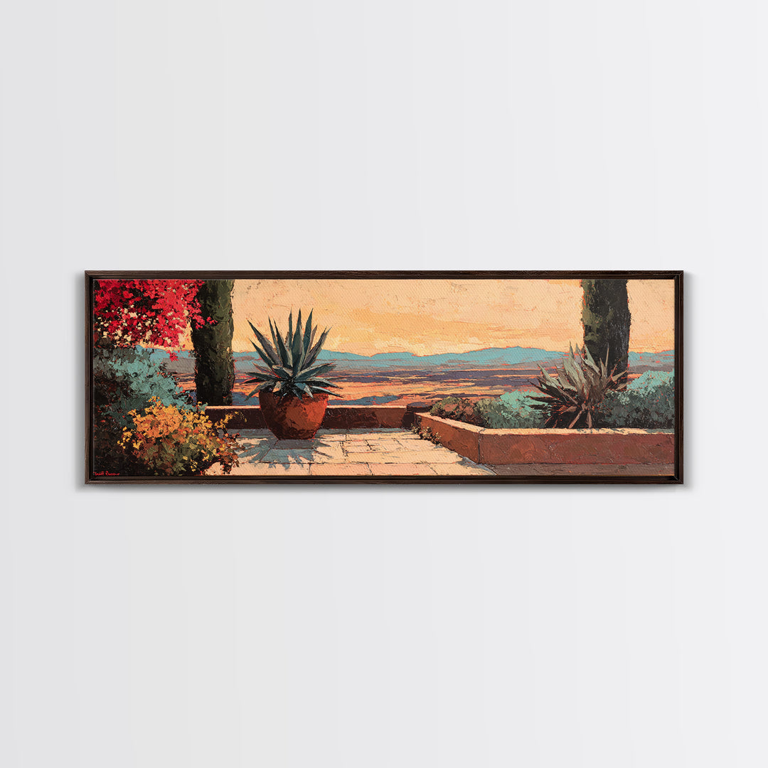 Desert Patio Agave and Bougainvillea Framed Canvas Print, Patio Art, Porch Decor, Patio Decor, Outdoor, Fine Art Print, PAT-3x1-81
