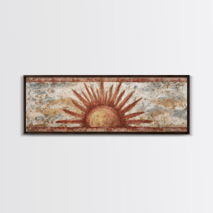 Sun Motif with Warm Terracotta Rays Framed Canvas Print, Patio Art, Outdoor Wall Decor, Patio Decor, Fine Art, Outdoor, PAT-3x1-82