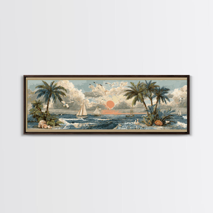 Beachy Shell and Palm Arrangement Canvas Print, Patio Art, Wall Hanging, Patio Decor, Outdoor, Beach Art, Beach House Decor, PAT-3x1-83