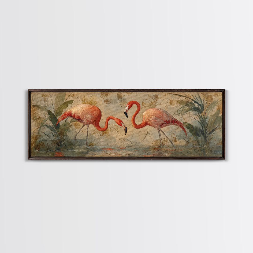 Flamingo Pair Beside Shallow Water Canvas Print, Patio Art, Floral Art, Patio Decor, Fine Art, Outdoor, Statement Artwork, PAT-3x1-98
