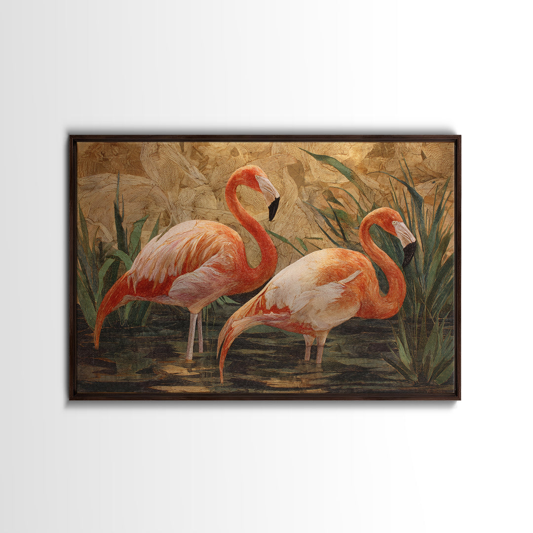 Flamingo Pair Beside Shallow Water Framed Canvas Print, Patio Art, Garden Decor, Patio Decor, Fine Art, Outdoor, Beach Art, PAT-3x2-14