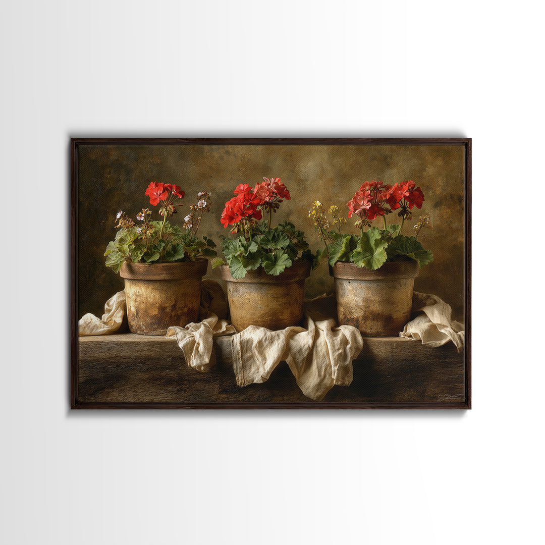 Potted Geraniums in Rustic Clay Pots Framed Canvas Print, Patio Art, Garden Art, Patio Decor, Outdoor, Beach House Decor, PAT-3x2-18