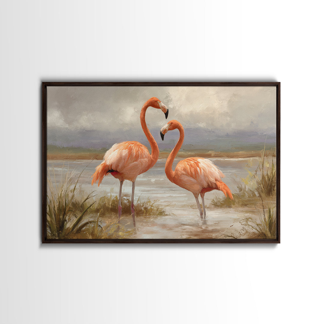 Flamingo Pair Beside Shallow Water Canvas Print, Patio Art, Outdoor Wall Decor, Patio Decor, Fine Art, Outdoor, Yard Decor, PAT-3x2-38