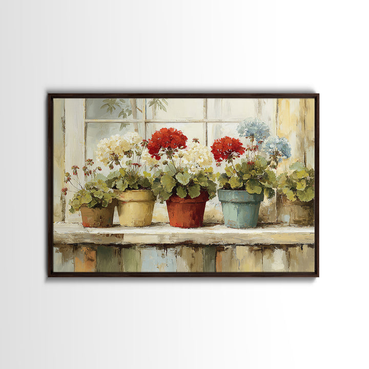 Potted Geraniums in Rustic Clay Pots Canvas Print, Patio Art, Floral Wall Art, Patio Decor, Fine Art, Outdoor, Mixed Media Art, PAT-3x2-42