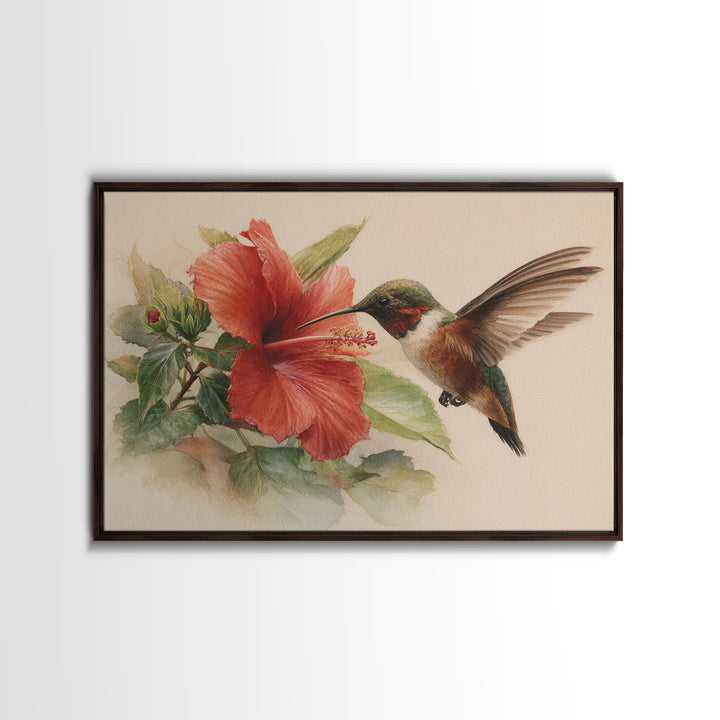 Hummingbird Visiting Bright Hibiscus Framed Canvas Print, Patio Art, Decor, Patio Decor, Oil Painting, Outdoor, PAT-3x2-55