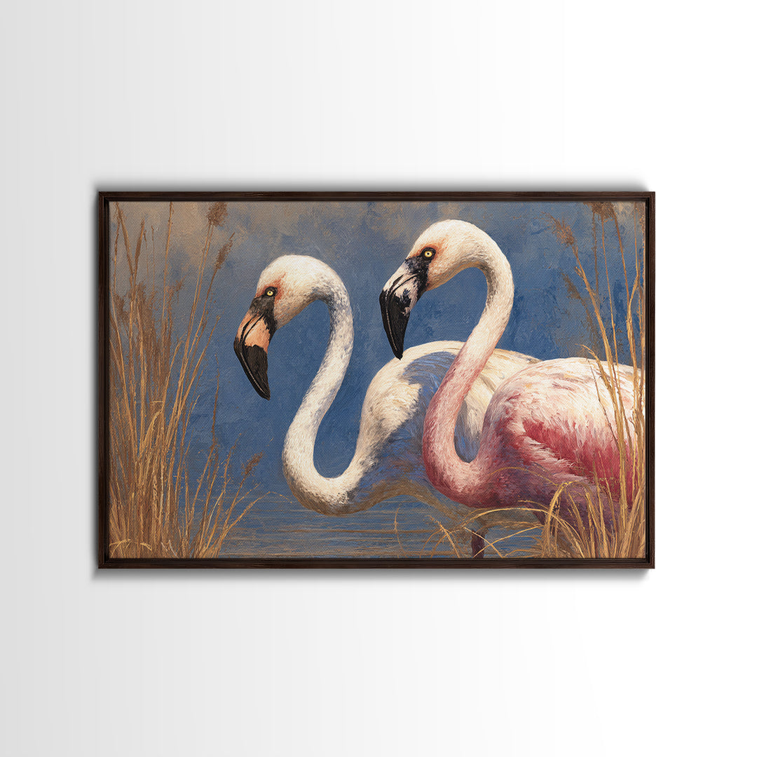 Flamingo Pair Beside Shallow Water Canvas Print, Patio Art, Outdoor Wall Decor, Patio Decor, Fine Art, Outdoor, Yard Decor, PAT-3x2-62
