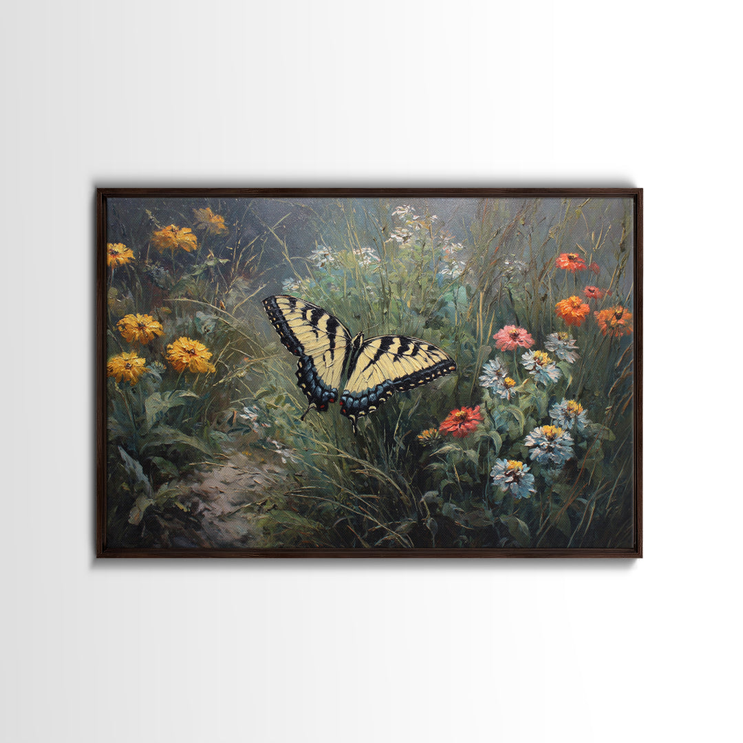 Butterfly Garden with Zinnias and Daisies Framed Canvas Print, Patio Art, Floral Art, Patio Decor, Fine Art, Outdoor, PAT-3x2-65