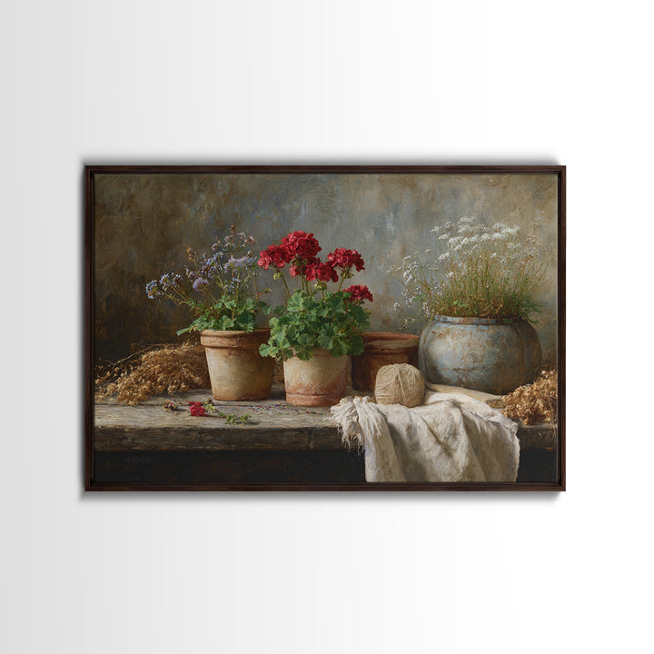 Potted Geraniums in Rustic Clay Pots Canvas Print, Patio Art, Floral Wall Art, Patio Decor, Fine Art, Outdoor, Mixed Media Art, PAT-3x2-66