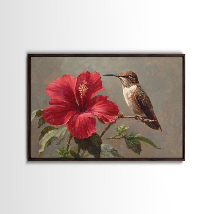 Hummingbird Visiting Bright Hibiscus Framed Canvas Print, Patio Art, Patio Decor, Abstract Art, Outdoor, Floral Wall Art, PAT-3x2-7