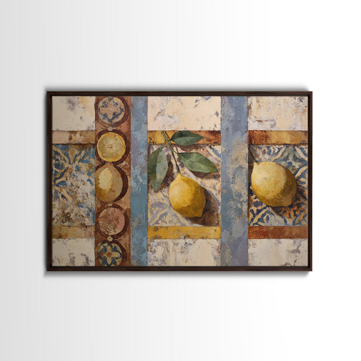 Mediterranean Lemons and Blue Tile Pattern Framed Canvas Print, Patio Art, Floral Art, Patio Decor, Fine Art, Outdoor, PAT-3x2-78