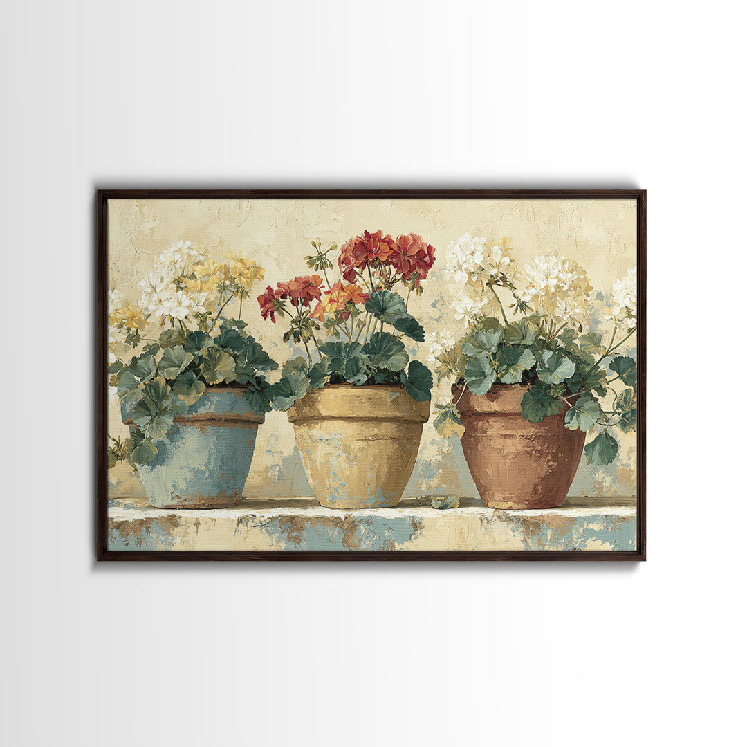 Potted Geraniums in Rustic Clay Pots Framed Canvas Print, Patio Art, Beach Art, Patio Decor, Fine Art, Outdoor, Neutral Decor, PAT-3x2-90