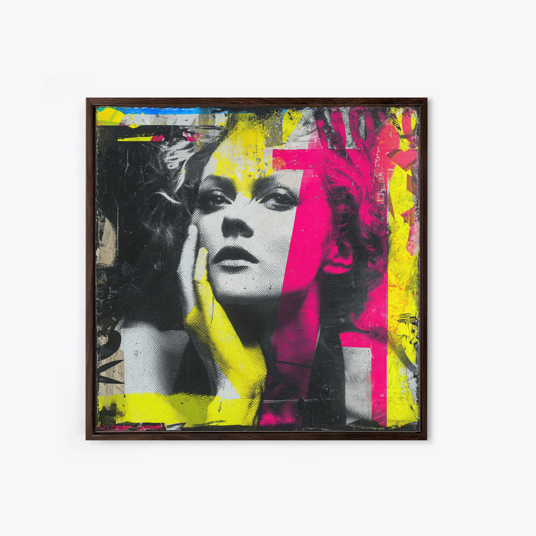 Neon Portrait with Thick Black Outlines Framed Canvas Print, Pop Art, Eclectic Home Decor, Living Room Decor, Fine Art, Pop, POP-1x1-100