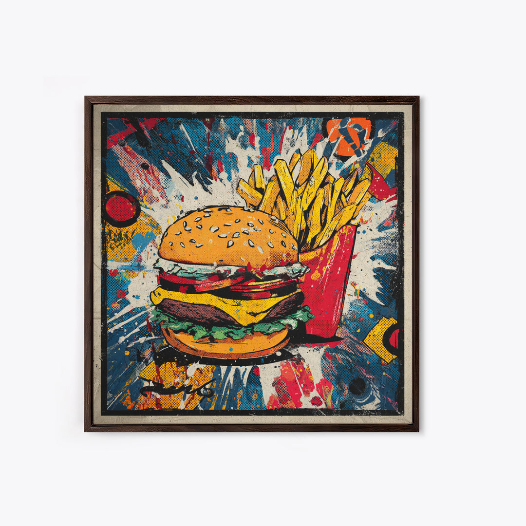 Hamburger and Fries Framed Canvas Print, Pop Art, Statement Artwork, Living Room Decor, Abstract Art, Pop, Wall Decor, POP-1x1-33