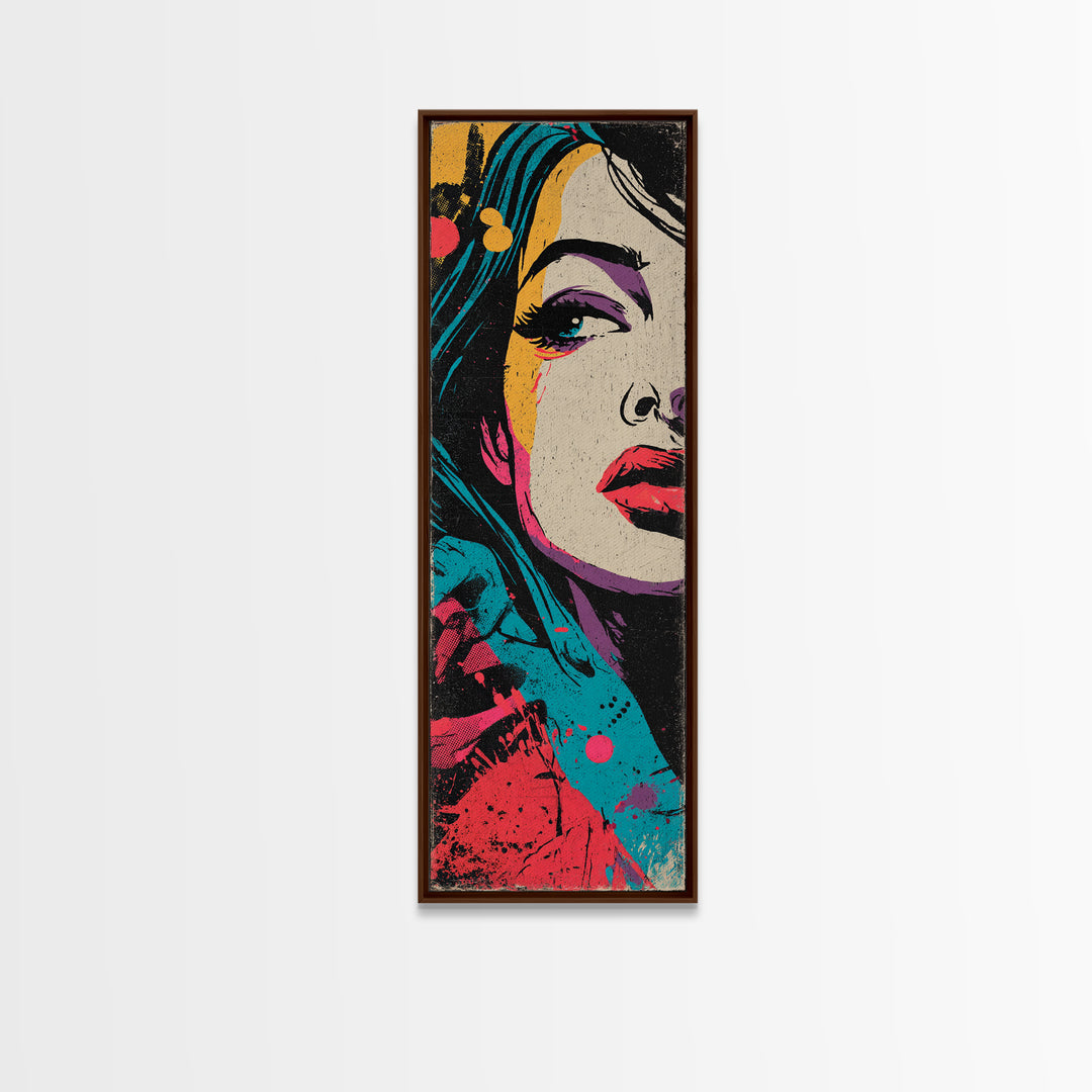 Neon Portrait with Thick Black Outlines Framed Canvas Print, Pop Art, Original Painting, Living Room Decor, Fine Art, Pop, POP-1x3-64