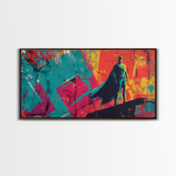 Superhero Silhouette in Dynamic Color Fields Framed Canvas Print, Pop Art, Living Room Decor, Abstract Art, Pop, POP-2x1-35