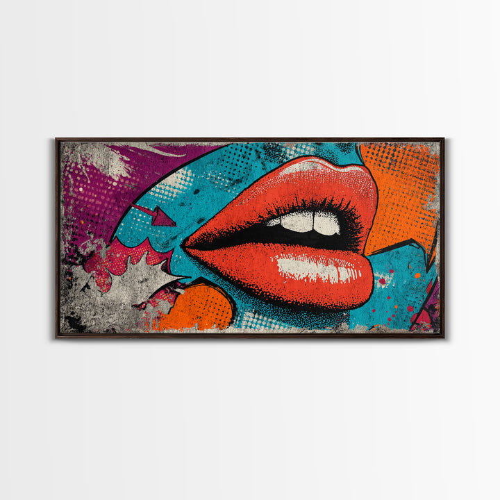 Bold Comic Lips Framed Canvas Print, Pop Art, Decor, Living Room Decor, Fine Art, Pop, Dopamine Decor, Mexican Art, Modern Art, POP-2x1-45