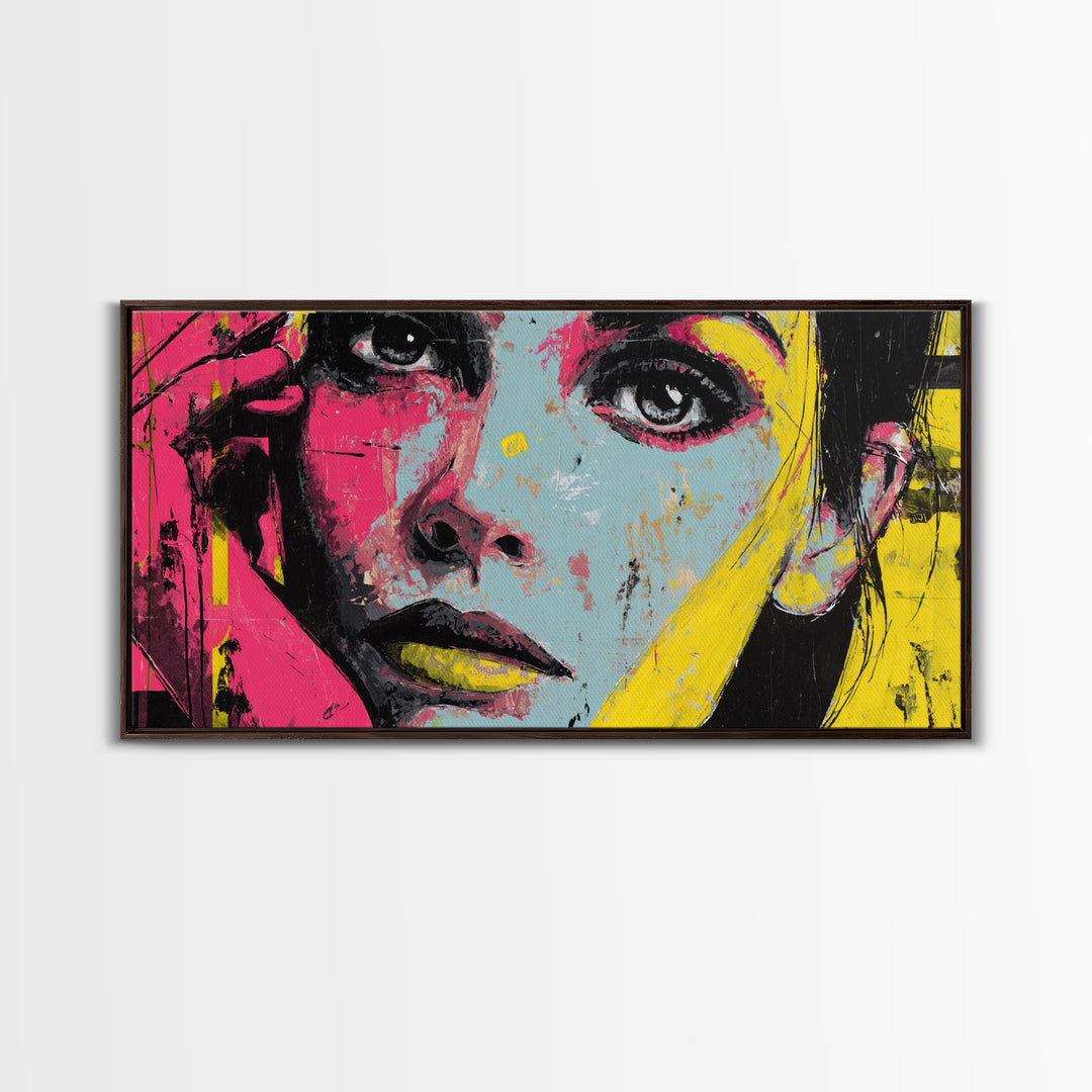 Neon Portrait with Thick Black Outlines Framed Canvas Print, Pop Art, Canvas, Living Room Decor, Oil Painting, Pop, Food Art, POP-2x1-72