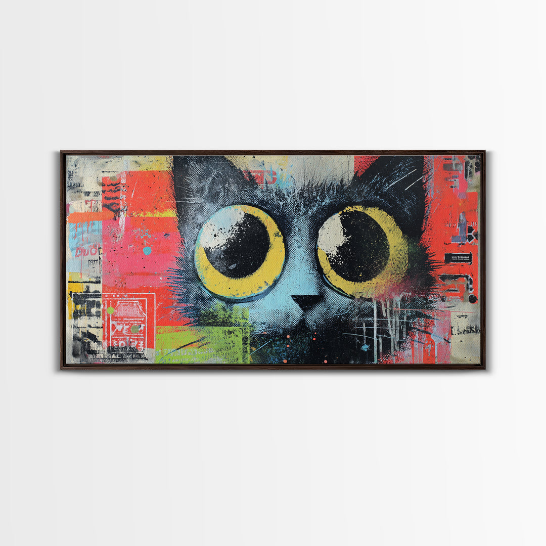 Comic Cat with Oversized Eyes Framed Canvas Print, Pop Art, Home Decor, Living Room Decor, Fine Art, Pop, Canvas Wall Art, POP-2x1-86