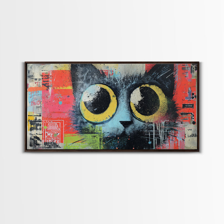 Comic Cat with Oversized Eyes Framed Canvas Print, Pop Art, Home Decor, Living Room Decor, Fine Art, Pop, Canvas Wall Art, POP-2x1-86