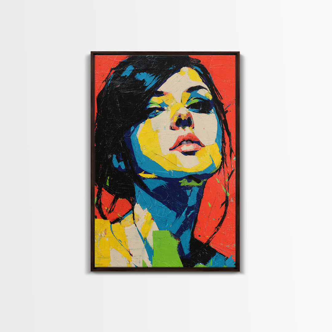 Neon Portrait with Thick Black Outlines Framed Canvas Print, Pop Art, Minimalist Decor, Living Room Decor, Fine Art, Pop, POP-2x3-12