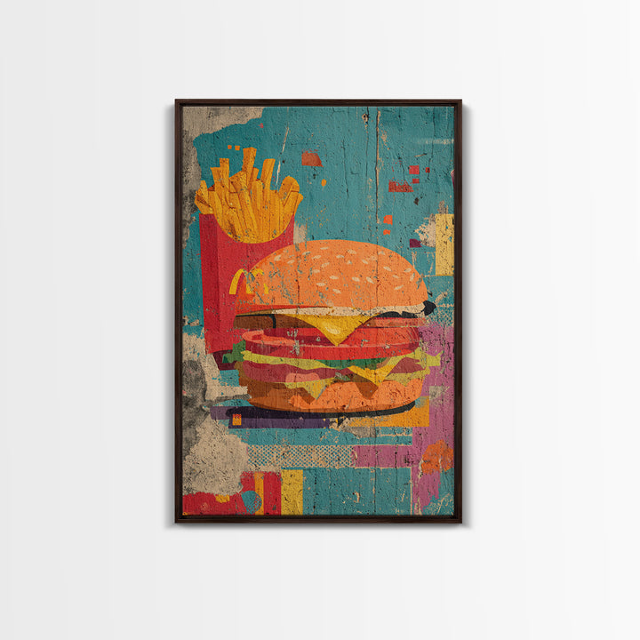 Hamburger and Fries Framed Canvas Print, Pop Art, Wall Decor, Living Room Decor, Abstract Art, Pop, Portrait, Apartment Decor, POP-2x3-17