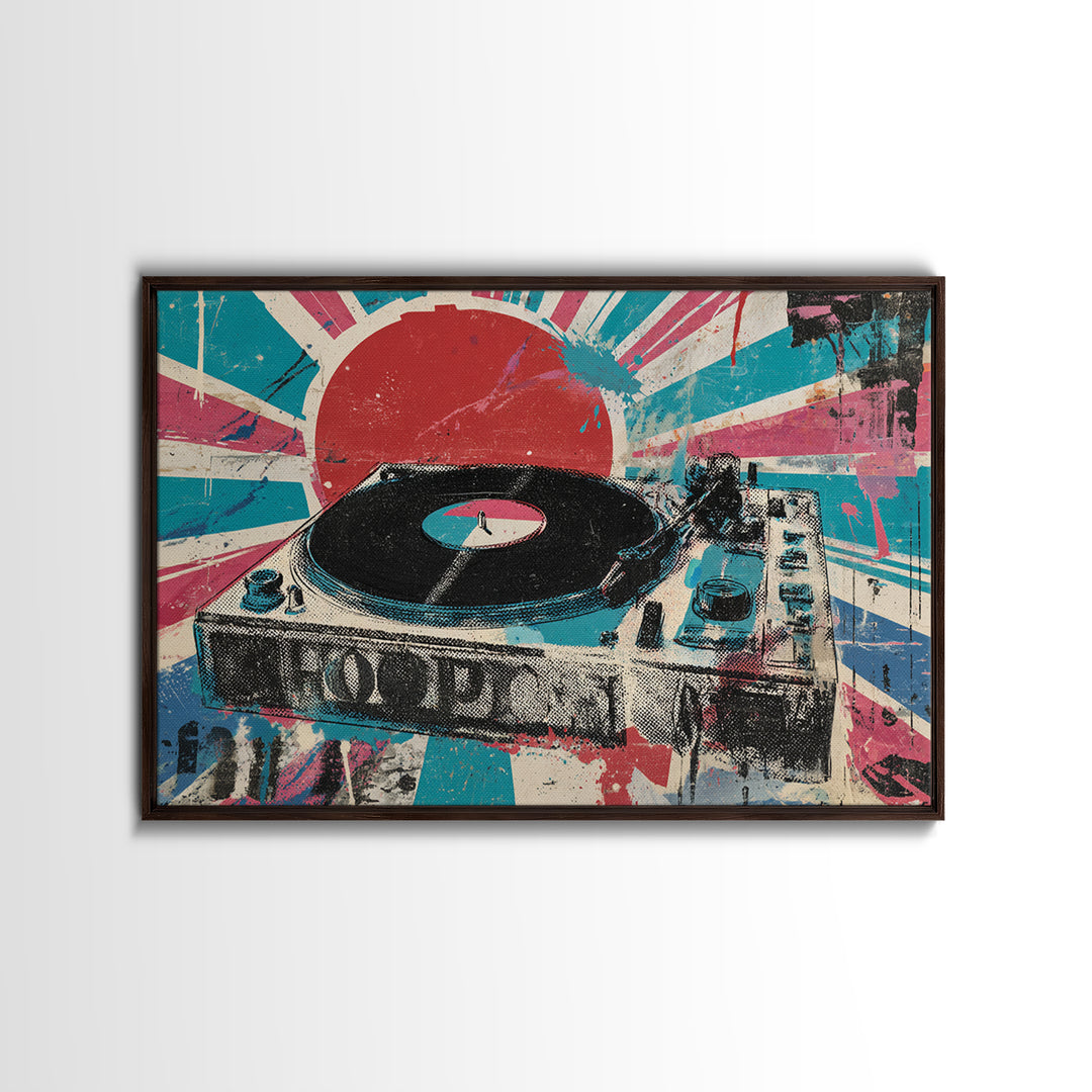 Record Player with Graphic Sound Rays Framed Canvas Print, Pop Art, Bedroom Decor, Living Room Decor, Oil Painting, Pop, POP-3x2-74