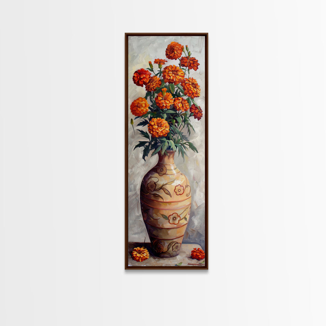 Orange Marigolds in Vase Painted on Textured Canvas, Tall and Narrow Framed Art, Botanical Art Print for Kitchen, Gallery Art, Moody Art
