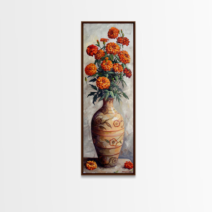 Orange Marigolds in Vase Painted on Textured Canvas, Tall and Narrow Framed Art, Botanical Art Print for Kitchen, Gallery Art, Moody Art