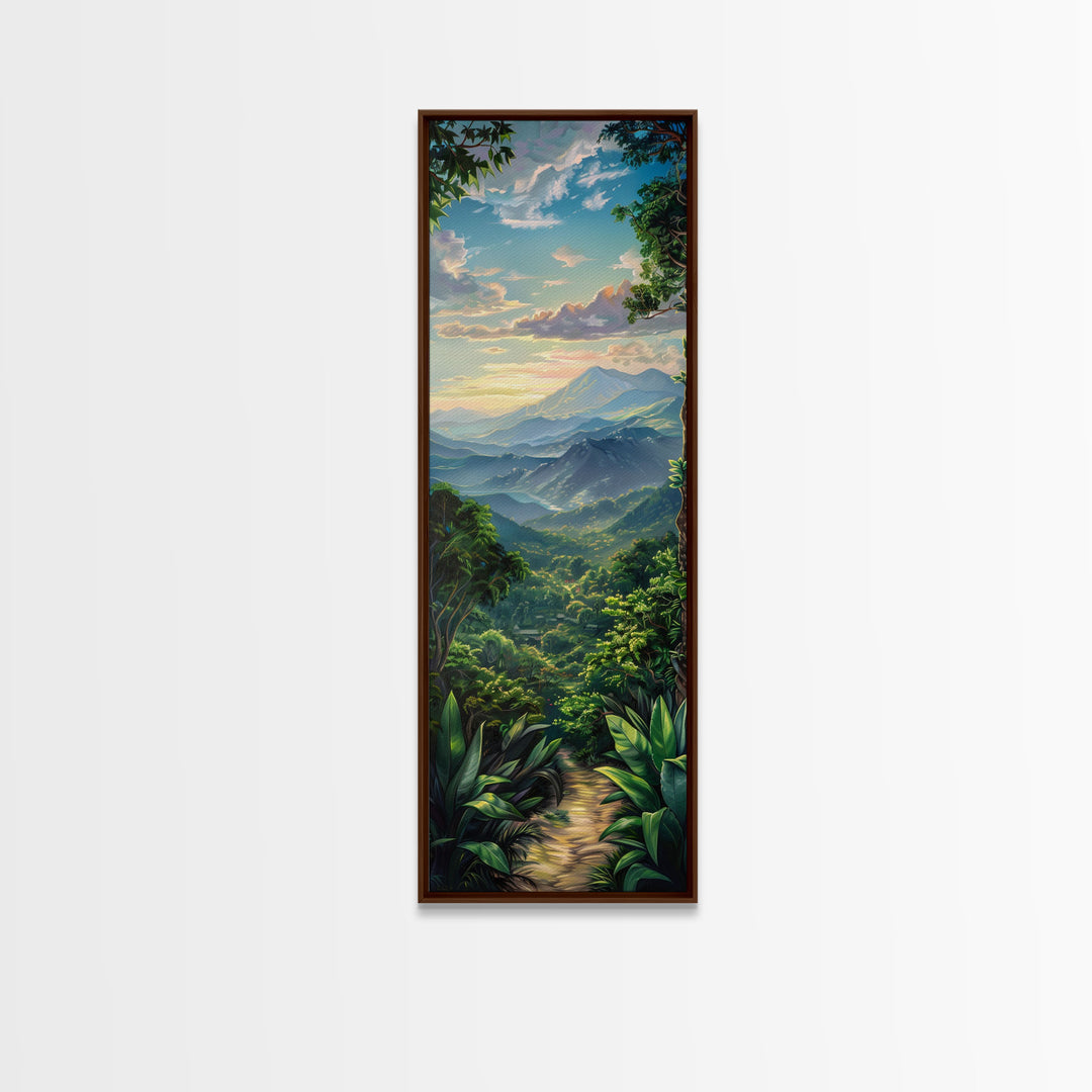 Jungle Landscape Canvas Painting, Tropical Wall Art Print, Mountain Art Printed on Framed Canvas, Oversized Narrow Landscape Art