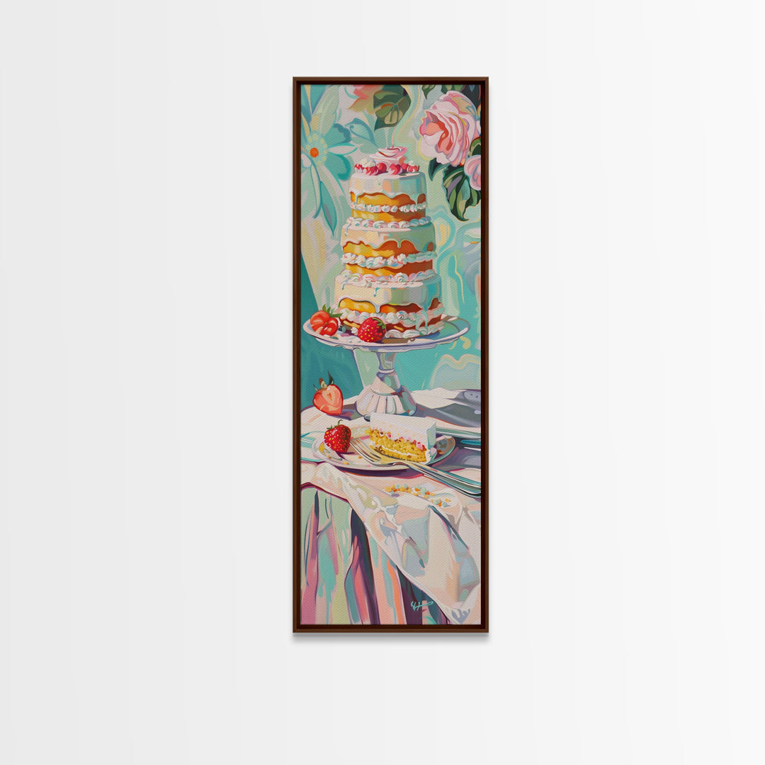 Cake Wall Art Framed and Printed on Canvas, Wall Art for Kitchen or Bakery, Food Art Print, Tall and Narrow Colorful Art for Kitchen