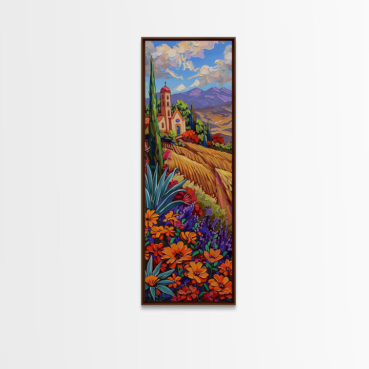 Framed and Printed Canvas Painting of Colorful Tuscan Countryside, Gouache Textured Canvas Painting, Botanical Wall Art Print, Skinny Art