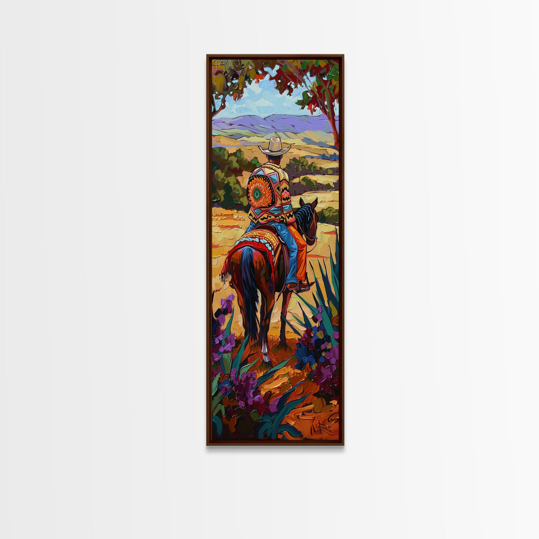 Long Narrow Wall Art Painting of Jalisco Cowboy, Southwest Wall Art Painting, Colorful Desert Canvas Painting Framed and Printed, Office Art
