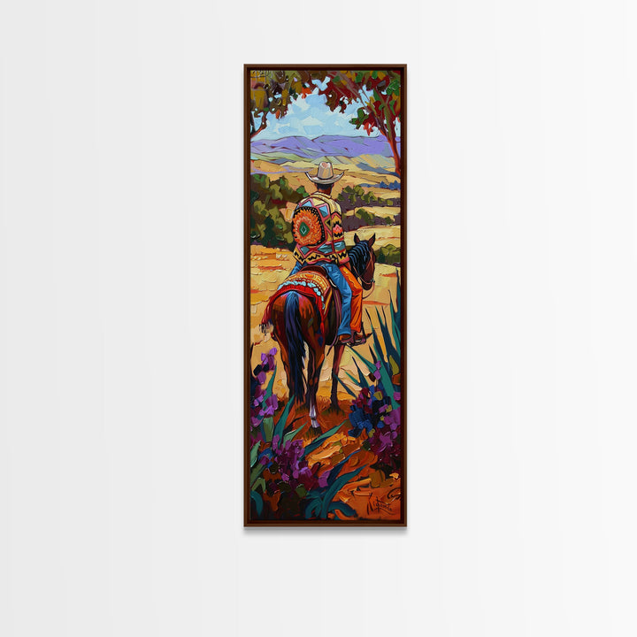 Long Narrow Wall Art Painting of Jalisco Cowboy, Southwest Wall Art Painting, Colorful Desert Canvas Painting Framed and Printed, Office Art