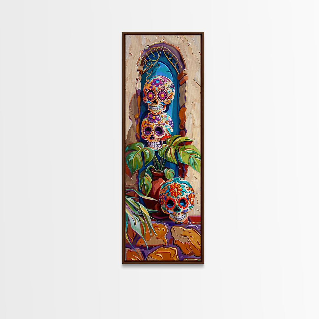 Day of The Dead Inspired Mexican Canvas Painting Framed, Long Narrow Wall Art Print, Spanish Style Home Decor, Contemporary Art Print