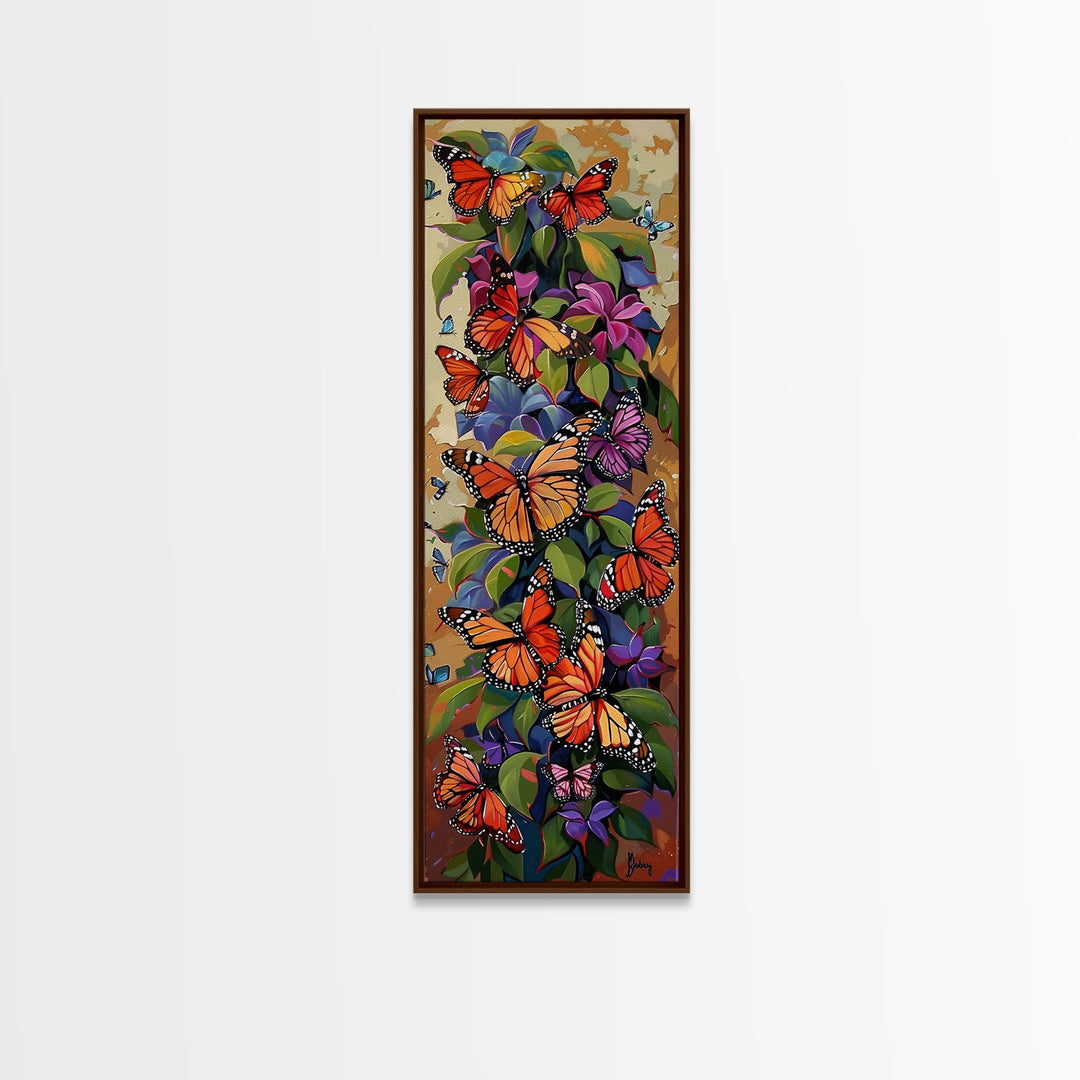 Colorful Butterfly Vertical Framed Canvas Oil Painting, Abstract Botanical Wall Art, Gouache Style Painted Art, Housewarming Gift for Her