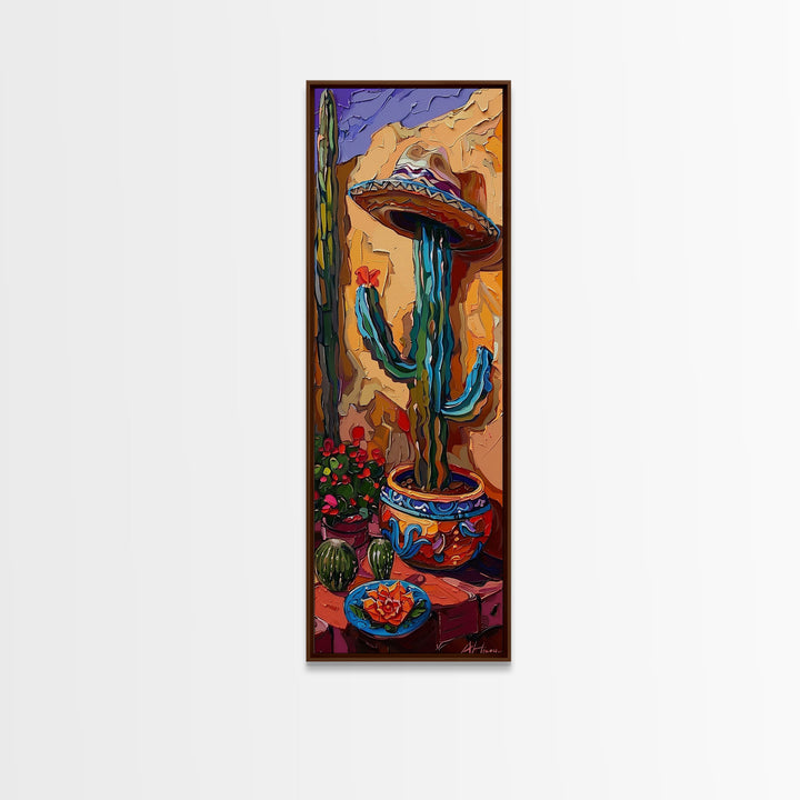 Colorful Canvas Painting of Mexican Saguaro Cactus Framed, Southwest Home Decor, Western Wall Art for Living Room, Housewarming Gift for Her
