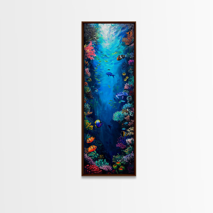 Oversized Vertical Framed Canvas Painting of Colorful Coral Reef, Ocean Painting Framed, Ocean Landscape Wall Art Print, Vibrant Art