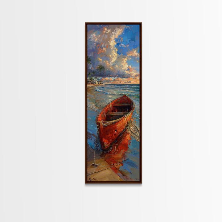 Red Boat on Sandy Shore with Palm Trees - Framed Canvas Print, Midcentury Modern Wall Art, Skinny Art, Tall Art, Living Room Decor