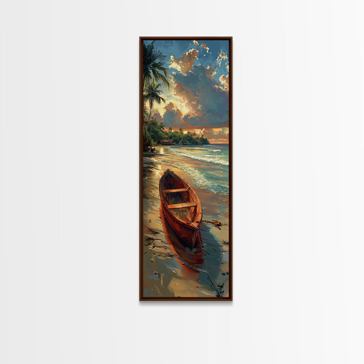 Red Boat Resting on the Shoreline - Framed Canvas Print, Midcentury Modern Wall Art, Skinny Art, Tall Art, Living Room Decor