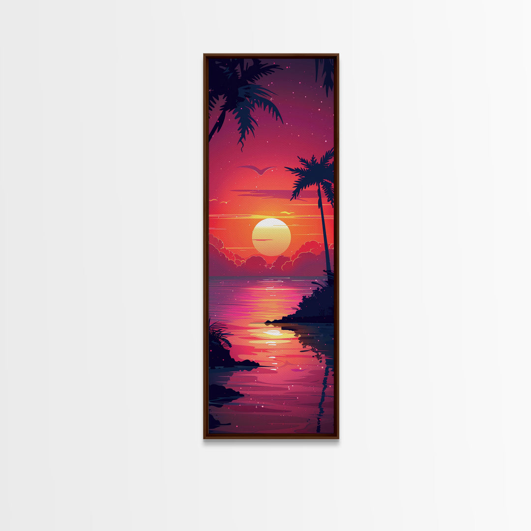 Retro Tropical Sunset Midcentury Modern Art - Framed Canvas Print, Boho Art, Skinny Art, Living Room Art, Bedroom Decor, Coastal Wall Art