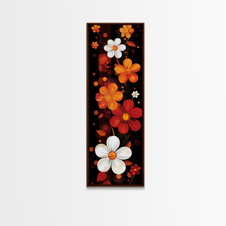 Floral Pattern in Bold Colors - Framed Canvas Print, Midcentury Modern Skinny Art, Tall Wall Art for Living Room or Bedroom Decor