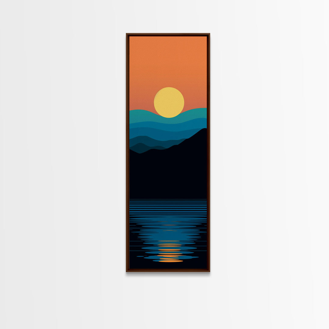 Minimalist Sunset Over Mountains Midcentury Modern Art - Framed Canvas Print, Boho Art, Skinny Art, Living Room Art, Bedroom Decor, Landscape