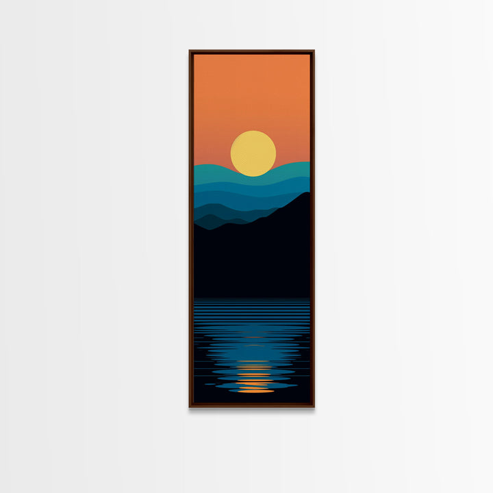 Minimalist Sunset Over Mountains Midcentury Modern Art - Framed Canvas Print, Boho Art, Skinny Art, Living Room Art, Bedroom Decor, Landscape