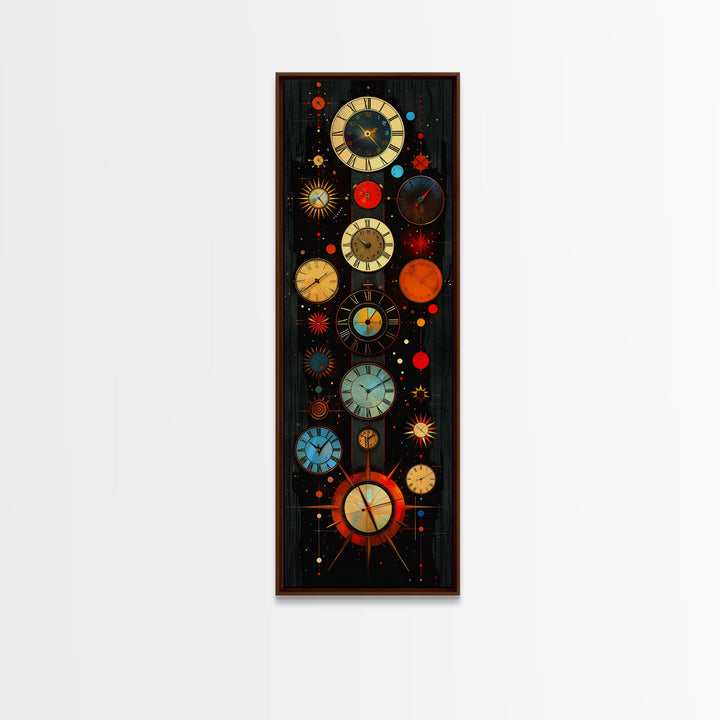 Interdimensional Wall Art, Retro Art Deco Clocks, Framed Canvas Print, Surrealist Decor