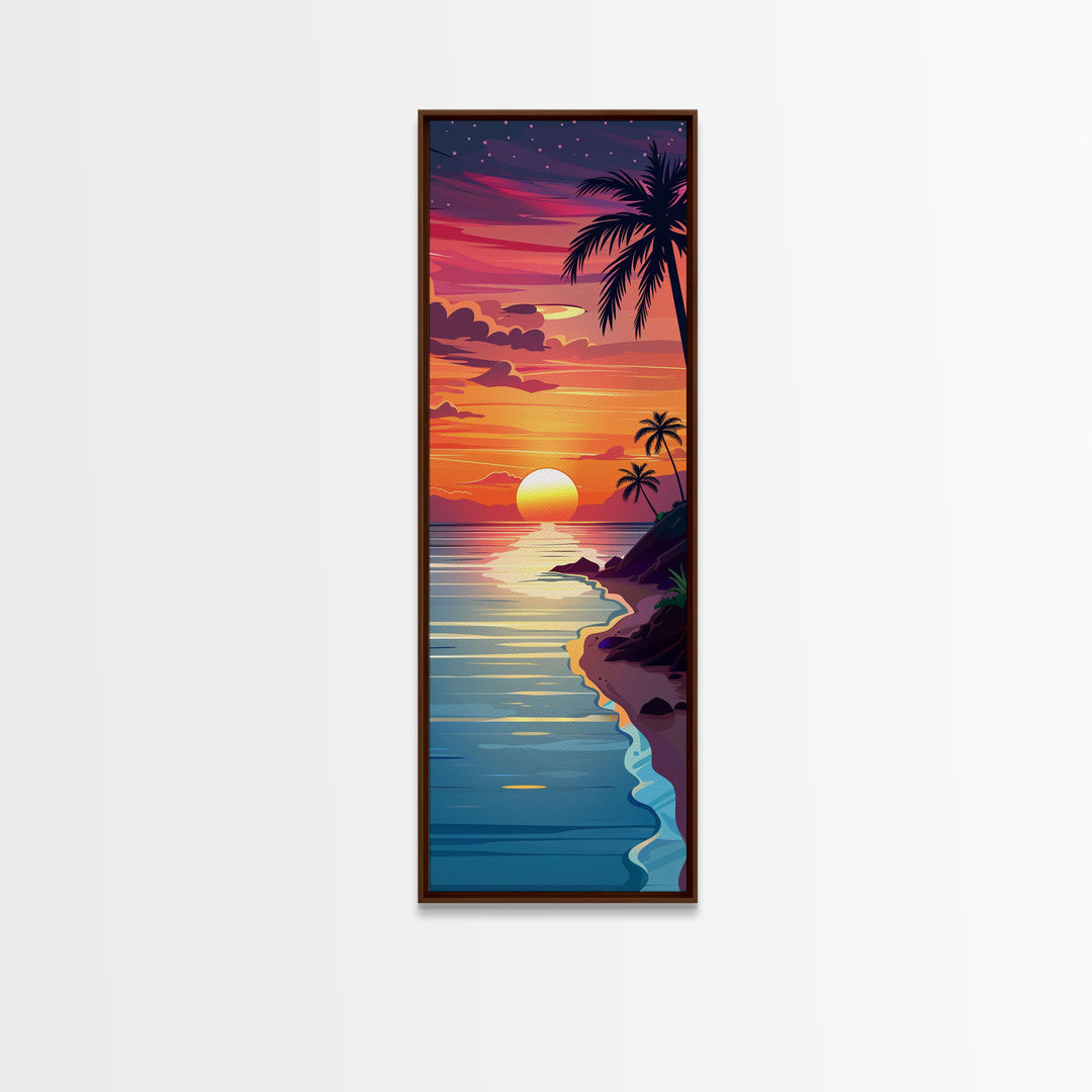 Coastal Sunset Palm Trees Midcentury Modern Art - Framed Canvas Print, Boho Art, Skinny Art, Living Room Art, Bedroom Decor, Tropical Landscape